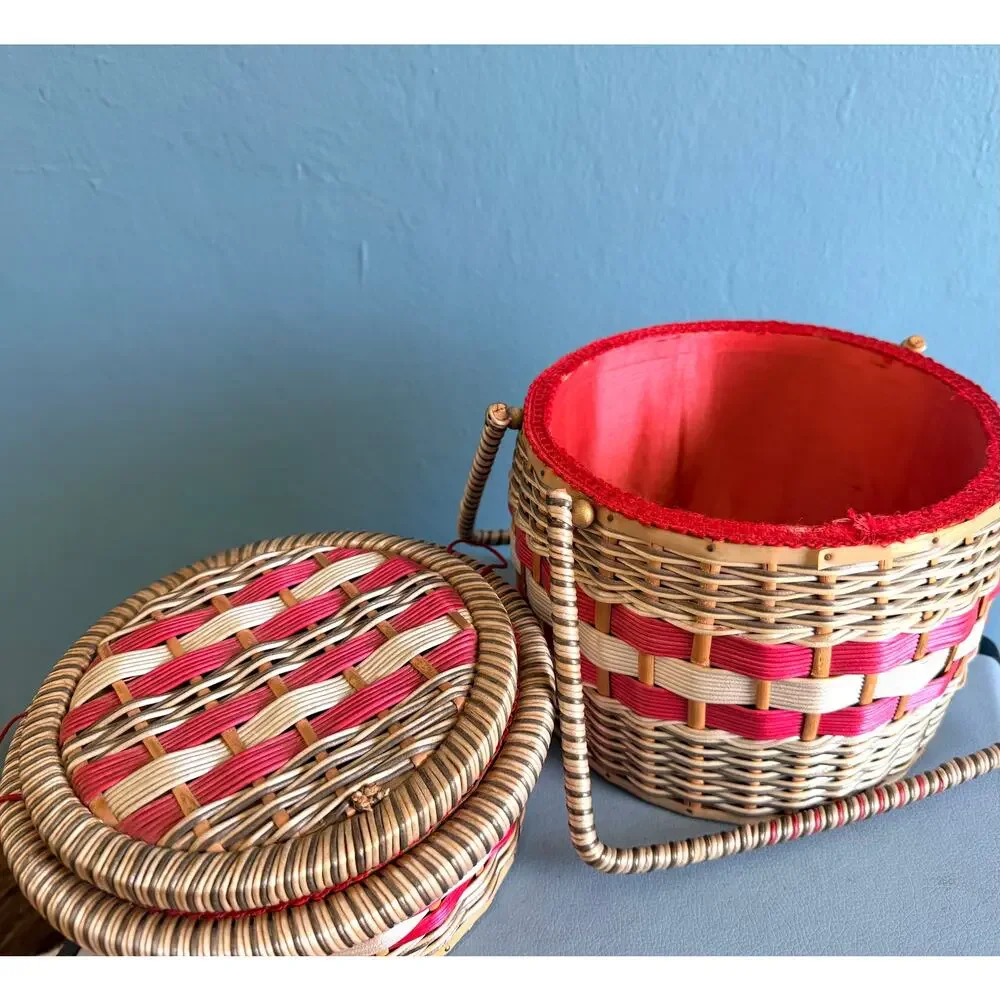 1950s Wicker Sewing Basket 2 Tier Double Box Purse Red Tufted Tray Pull Out